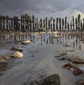 Stroming op het wad is een schilderij van Marein Konijn, het wad met laag water