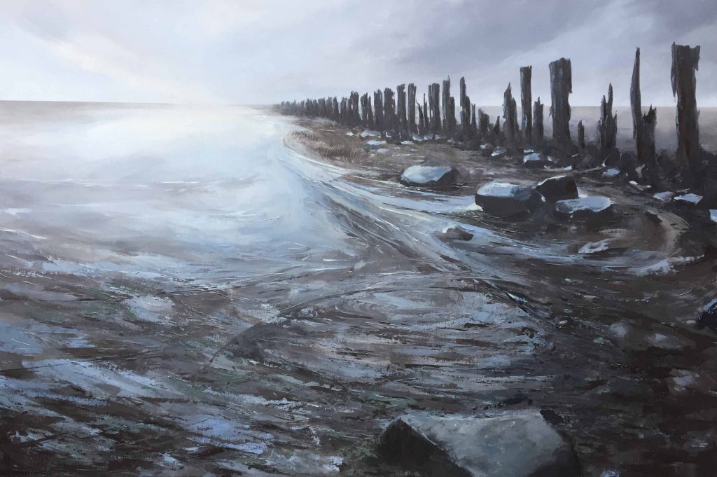 Tussen eb en vloed is een schilderij van het wad geschilderd door Marein Konijn