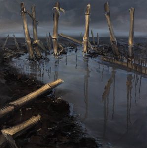 Maisstoppels 2 is een schilderij van Marein Konijn van een maisveld na de oogst, na de regen