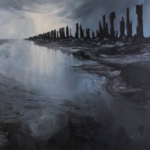 Zerken van de zee is een schilderij van het wad met laag water geschilderd door Marein Konijn