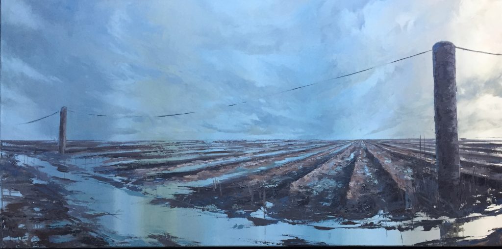 Na de oogst is een schilderij van een weiland met waterplassen geschilderd door Marein Konijn