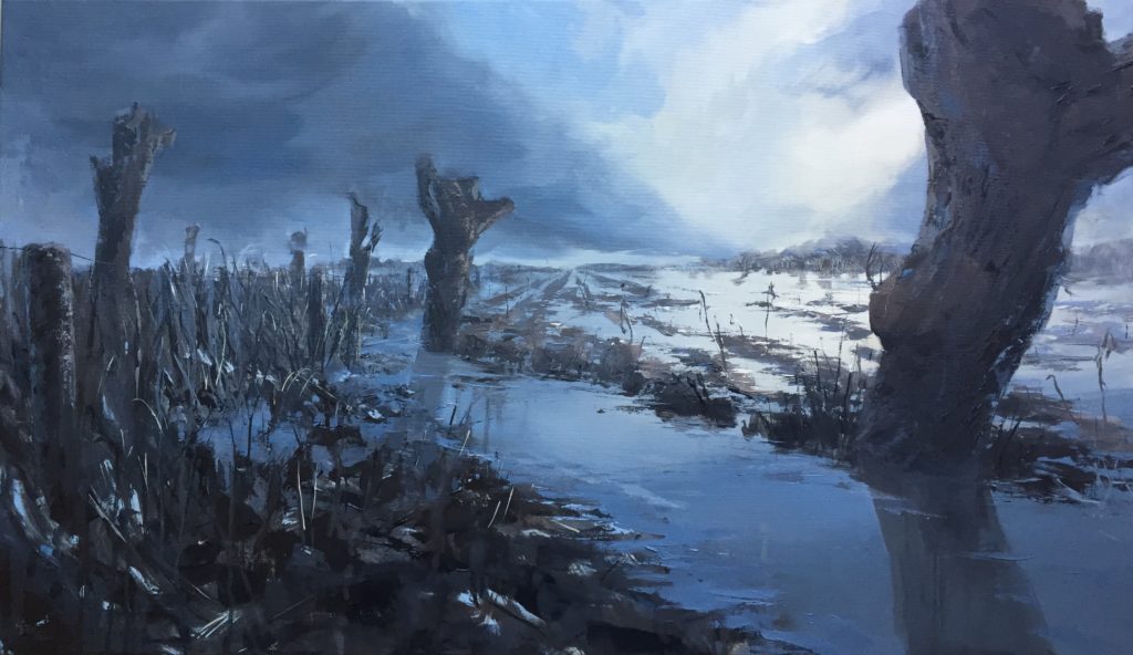 Water water is een schilderij van een ondergelopen landschap met knotwilgen geschilderd door Marein Konijn