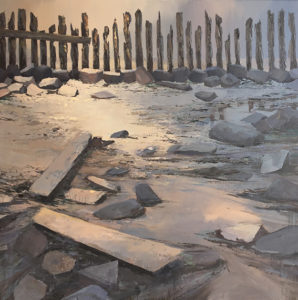 Het warme wad is een schilderij van het Wad bij eb, in warme tinten geschilderd door Marein Konijn