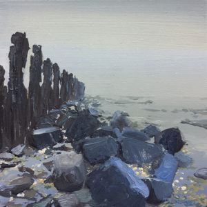 Mist op het wad is een schilderij van het Wad met laag water geschilderd door Marein Konijn