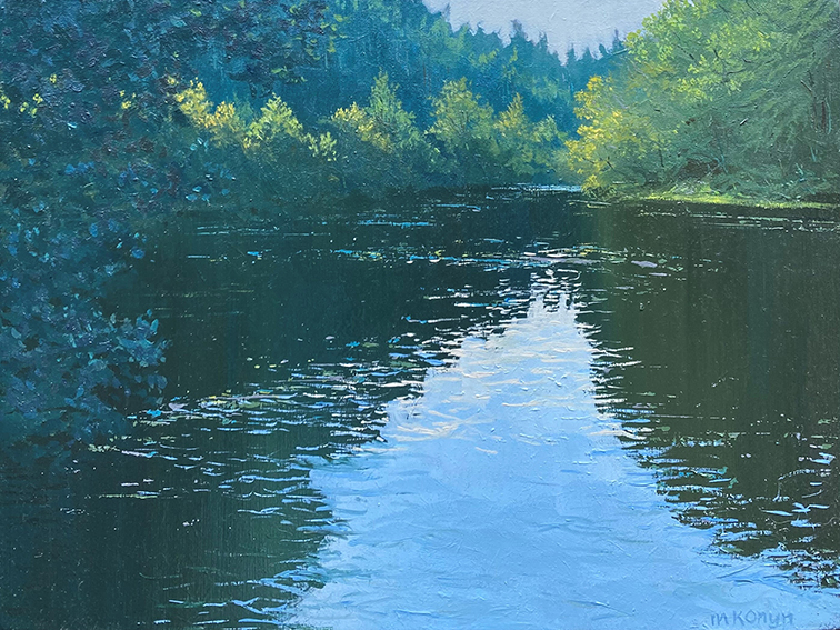 Blauw in het diepe water is een schilderij van een stuwmeertje in Frankrijk geschilderd door Marein Konijn
