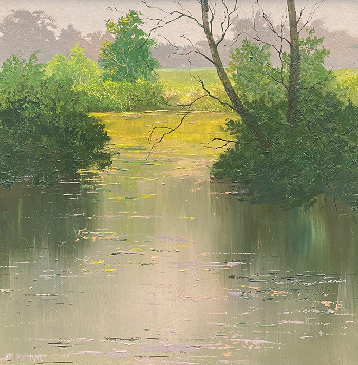 Het zwoele water is een schilderij van een waterkant geschilderd door Marein Konijn