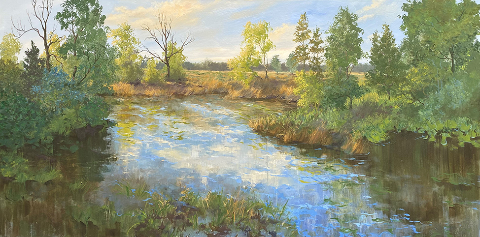 Wandel met me mee is een landschap schilderij van een rietland en water geschilderd door Marein Konijn