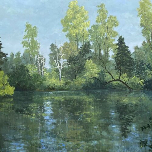 Tegenstelling is een landschap schilderij in groen en blauw tinten van kunstenaar Marein Konijn