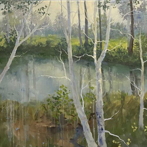 De verborgen vijver is een in lagen opgebouwd schilderij van een landschap geschilderd door kunstenaar Marein Konijn
