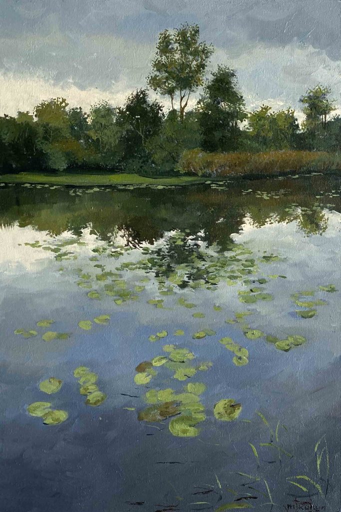 verdoezelde reflectie, schilderij van een landschap door kunstenaar Marein Konijn
