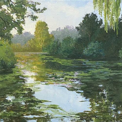 Licht na schaduw is een klein schilderij van een landschap met water geschilderd door Marein Konijn
