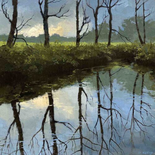 Lucht en water is een schilderij van een landschap, van een vijver geschilderd door Marein Konijn
